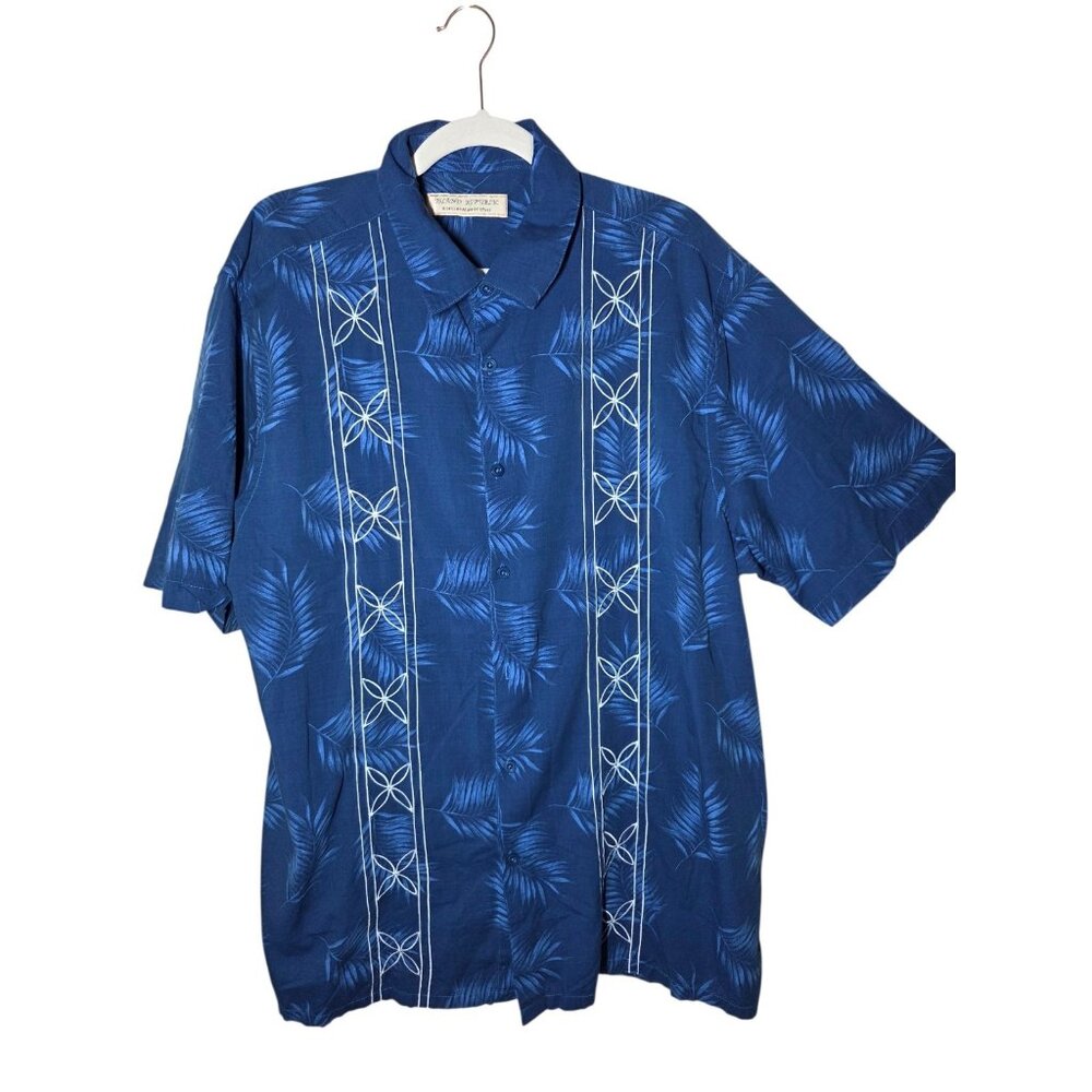 Island Republic Hawaiian Men's Embroidered Blue White Palm Print Buttoned XXL‎